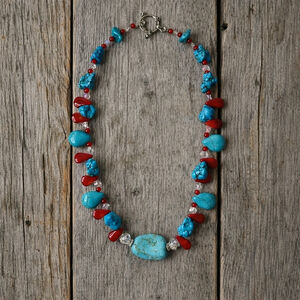Artisan Real Diehl Jewelry Turquoise & Red Beaded Necklace | 18”